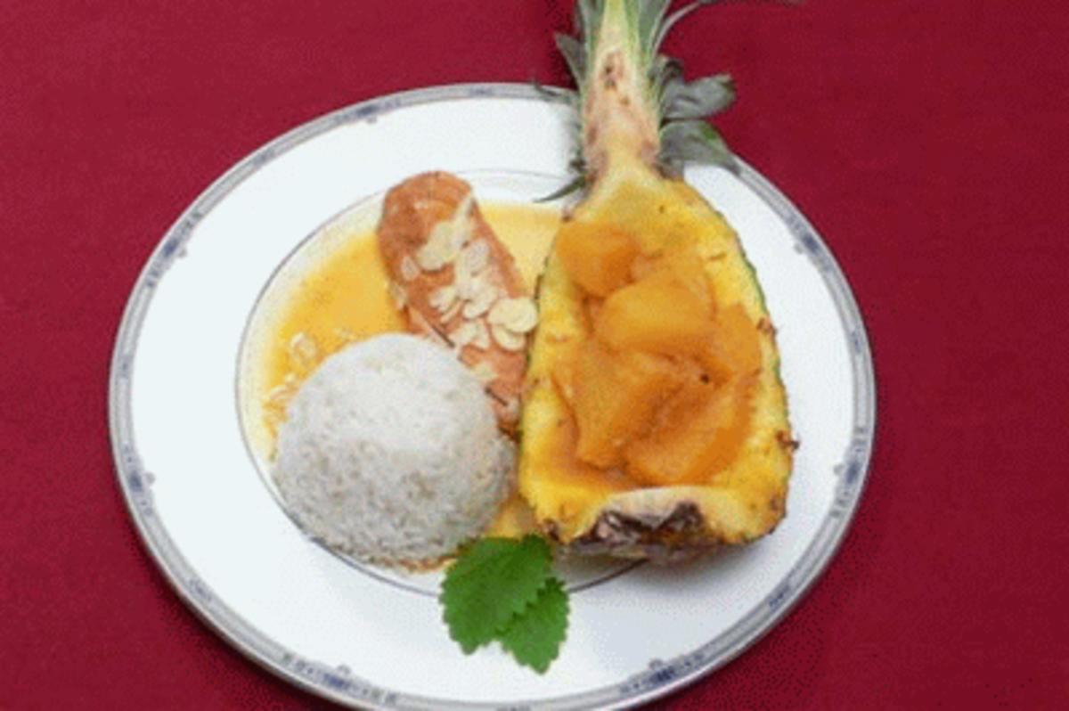 Rezept: Mexikanisches Hähnchenfilet mit Orangensoße und Ananas an Reis