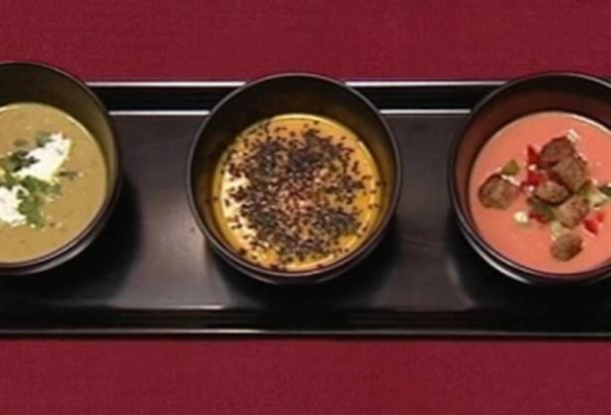 Rezept mit Bild: Gazpacho, Karotten-Kokos-Suppe und Erbsencremesuppe (Sharon Brauner)