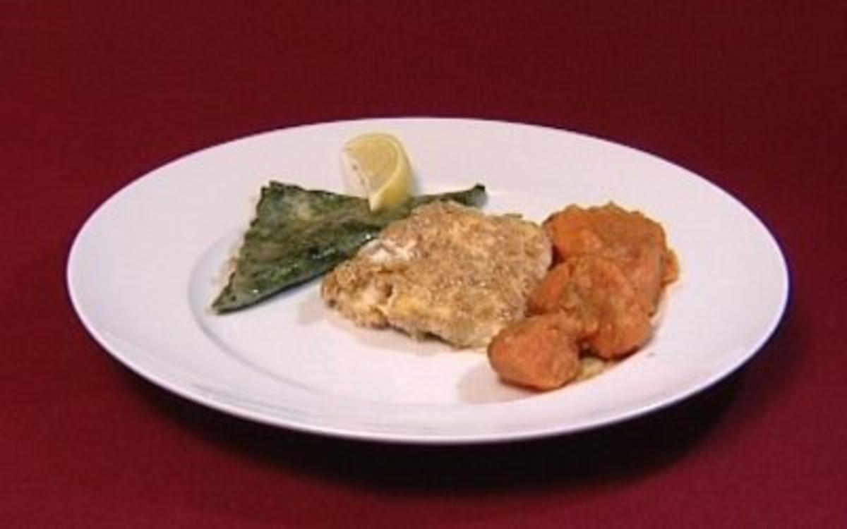 Rezept mit Bild: Heilbutt in Honig-Sesam-Mantel dazu Süßkartoffeln und grüne Spinat-Ravioli (Florian Simbeck)