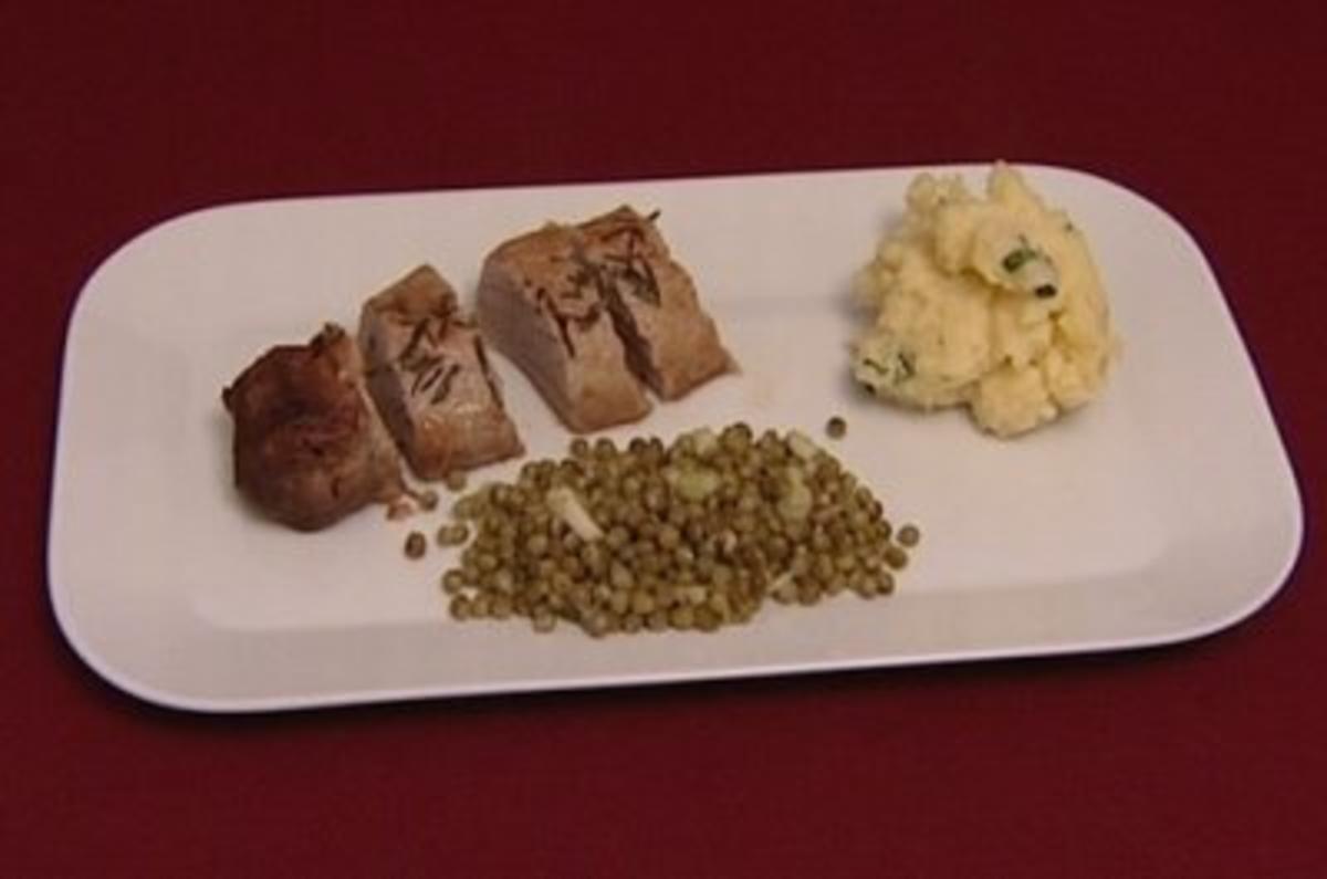 Rezept mit Bild: Schweinefilet aus dem Ofen mit Erbsen  (Brigitte Nielsen)