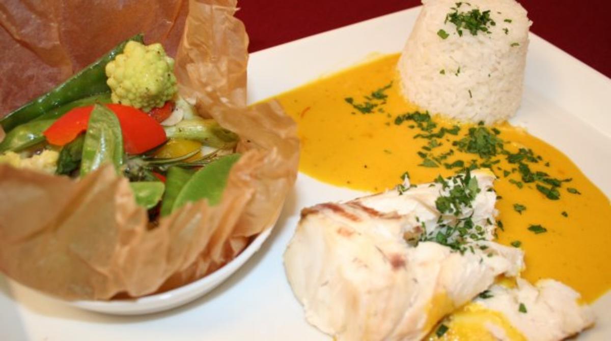 Rezept mit Bild: 02.05. Stefan: Zander in Salzkruste mit Safran-Weißweinsoße, dazu Basmatireis und Gemüse