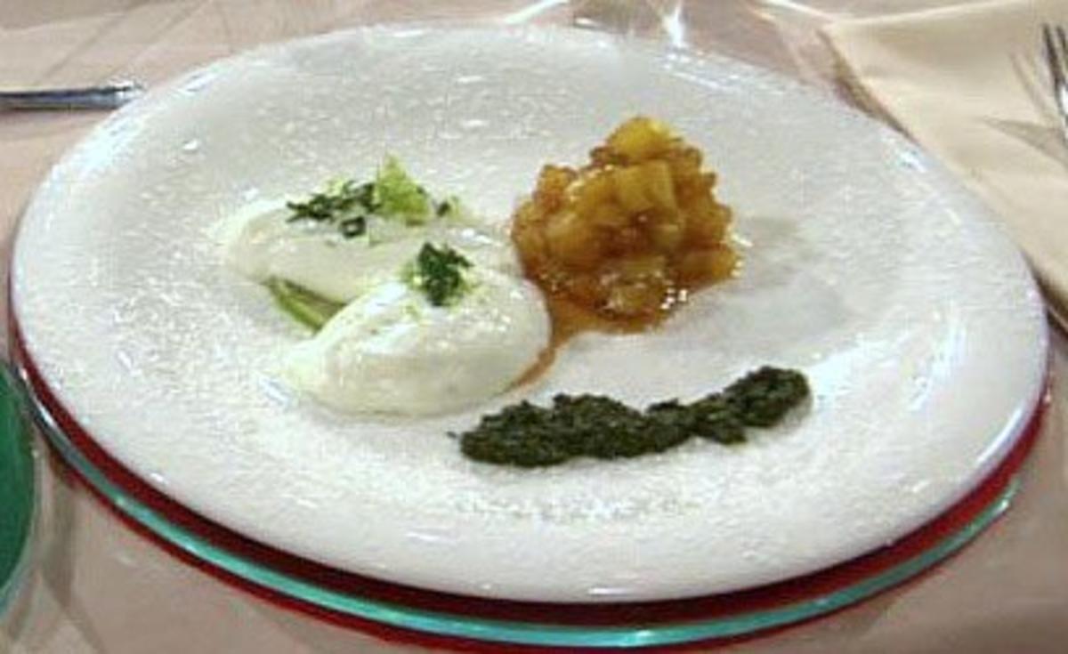 Quark-Limettencr&egrave;me mit Ananas und Minzpesto &agrave; la Henssler, gekocht von Steffen Henssler