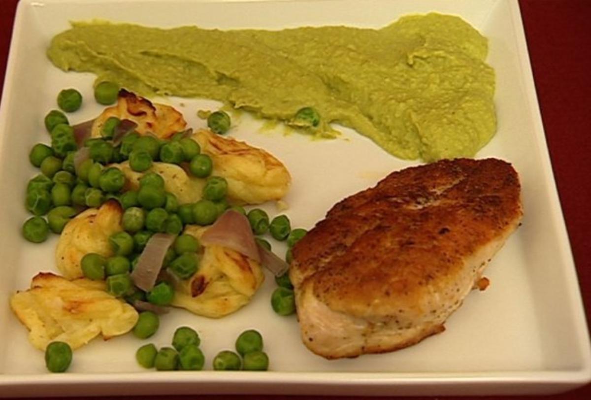 Rezept mit Bild: Hähnchenbrust mit Erbsenpüree und Prinzesskartoffeln 