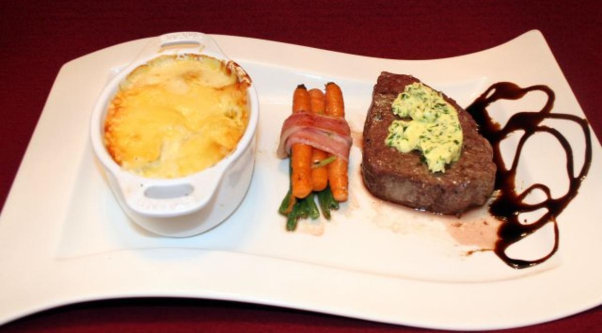 Rezept mit Bild: Filetsteaks-a-la-minute-mit-Prinzessboehnchen-und-Karoettchen-dazu-Kartoffelgratin